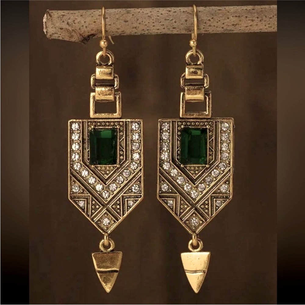 Vintage Gold and Emerald Geometric Drop Earrings NEW 🏷️